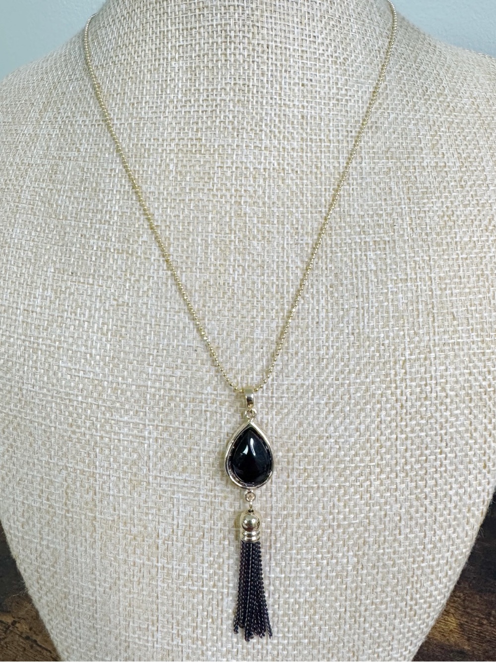 Gold Tone Necklace with Black Teardrop and Black Shimmer Tassel